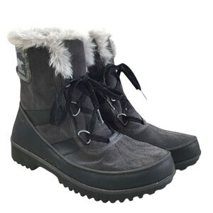 Sorel Charcoal Gray Black Tivoli II Faux Fur Lined Laced Waterproof Winter Boots